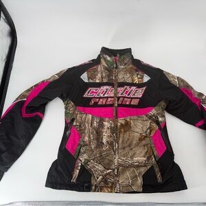 Women’s Castle X Racing Camo And Pink Snowmobile Jacket. Size Med.